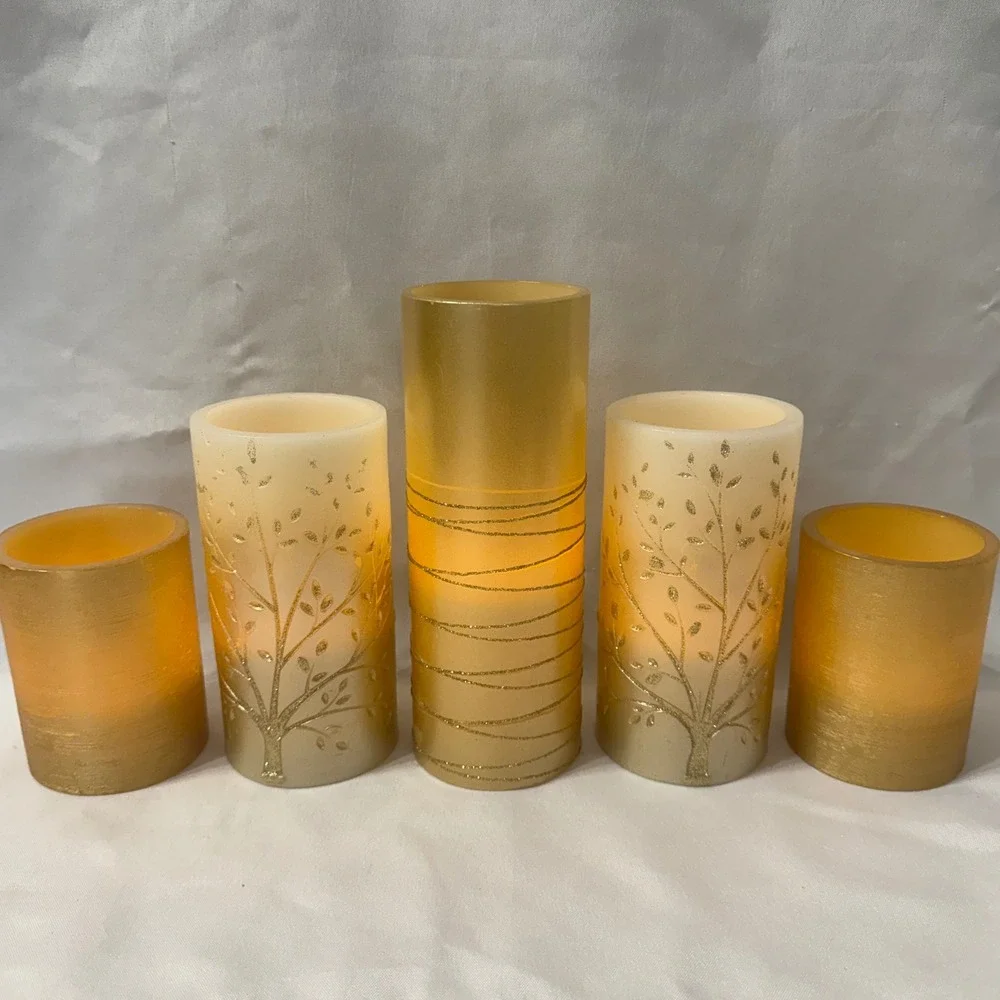 Gold Flameless LED Pillar Candle Set of 5 Glitter Tree & Textured Metallic Decor